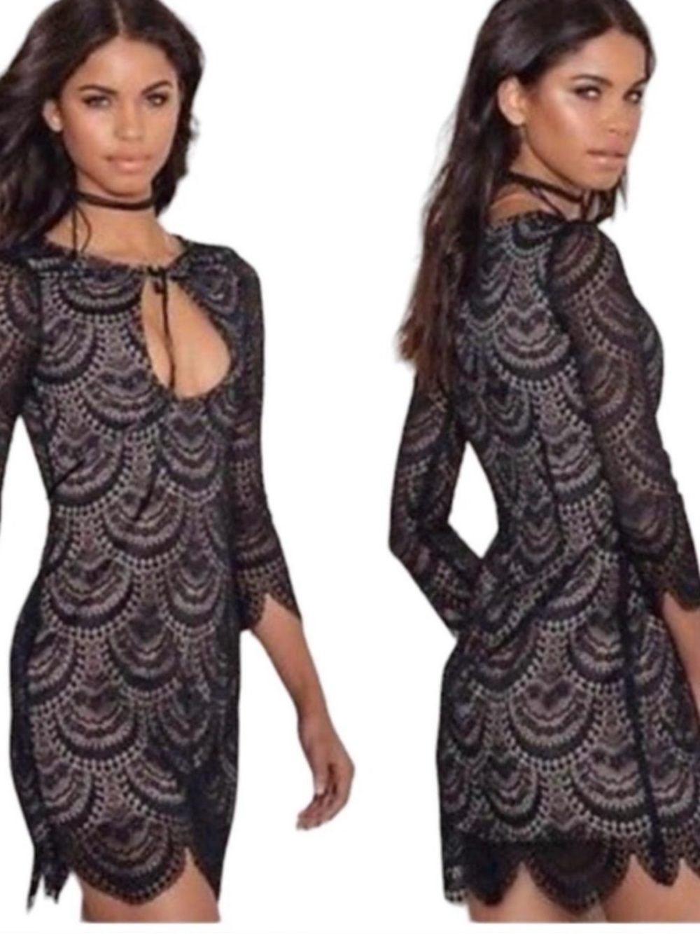 For Love & Lemons Black Lace Long Sleeve Mini Dress